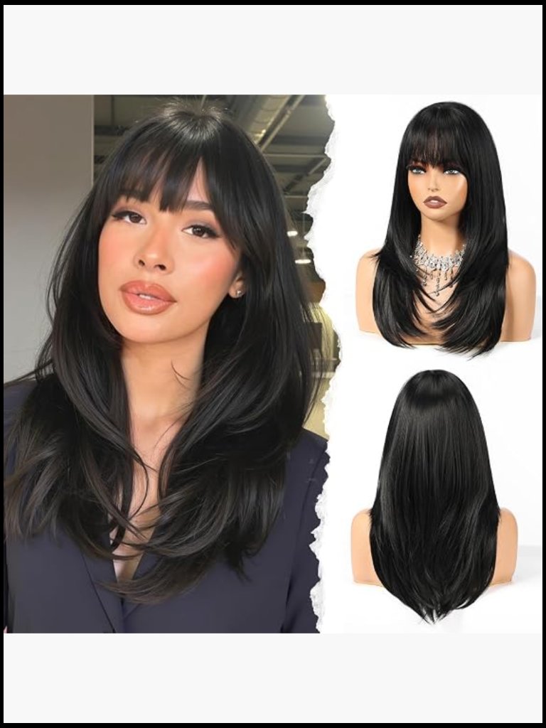 Layered Straight Synthetic Wig With Bangs Heat Resistant Natural Daily Wear